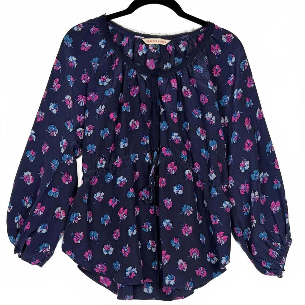 Rebecca Taylor 100% Silk Floral Blouse Navy Pink Tie Front Cottagecore Size 0